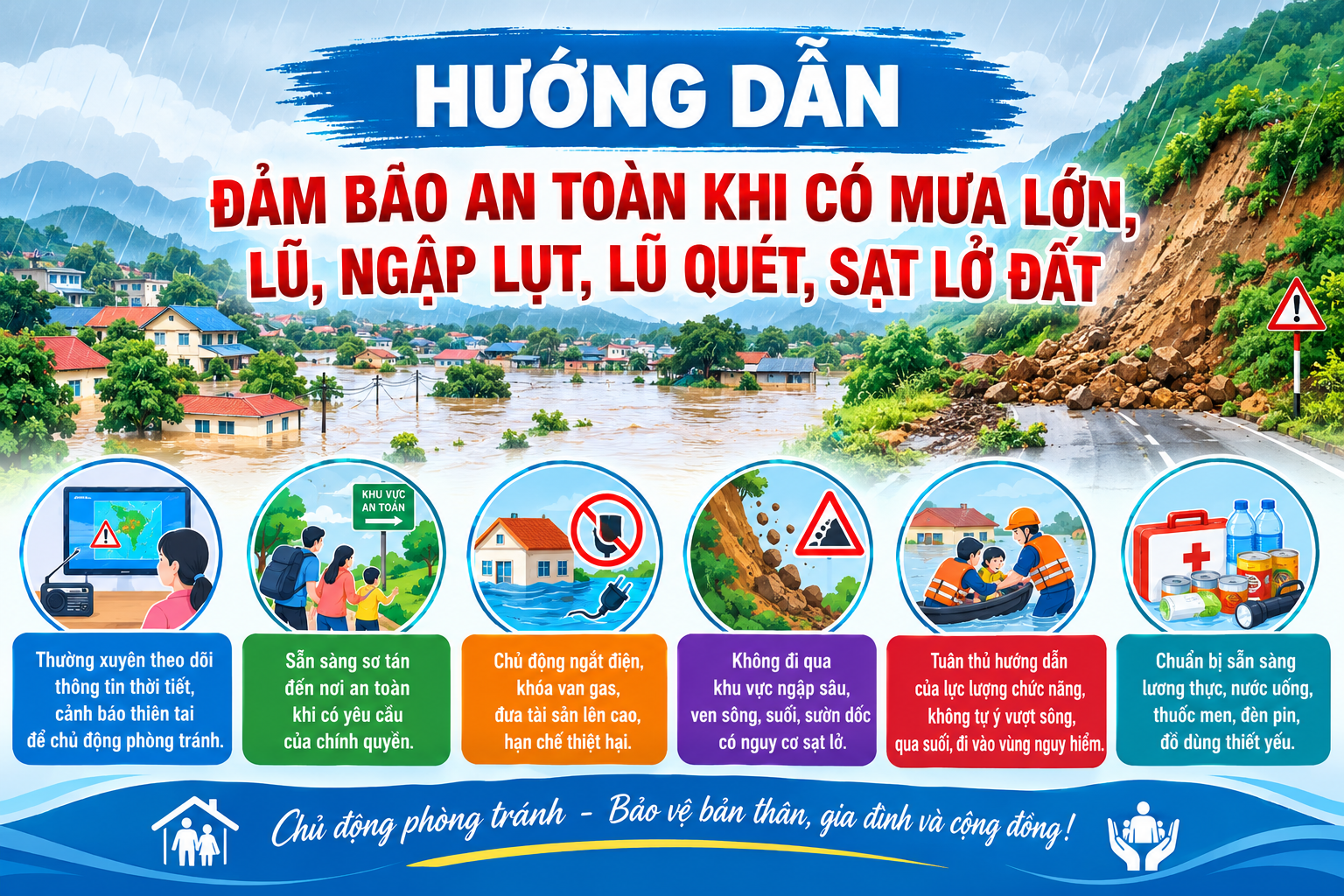 Hướng dẫn đảm bảo an toàn khi có mưa lớn, lũ, ngập lụt, lũ quét, sạt lở đất