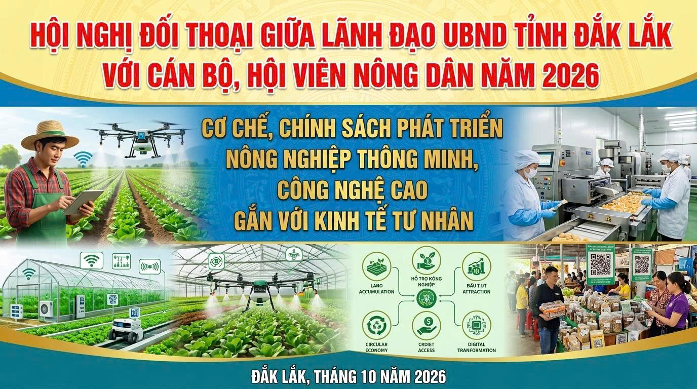 Hội nghị đối thoại giữa lãnh đạo Ủy ban nhân dân tỉnh Đắk Lắk với cán bộ, hội viên nông dân năm 2026