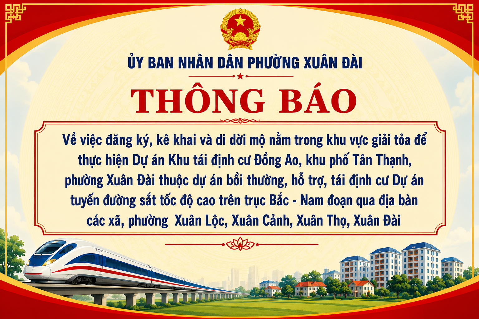Thông báo Về việc đăng ký, kê khai và di dời mộ thuộc dự án Khu tái định cư Đồng Ao