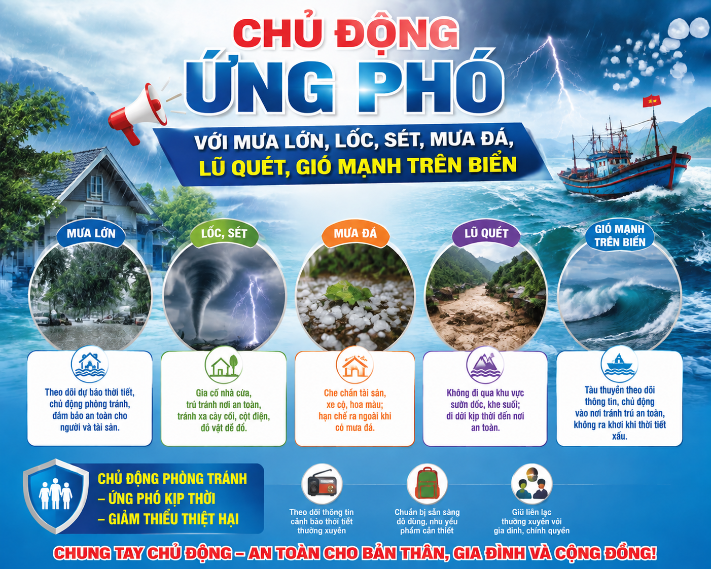 Chủ động ứng phó với mưa lớn, lốc, sét, mưa đá, lũ quét và gió mạnh trên biển