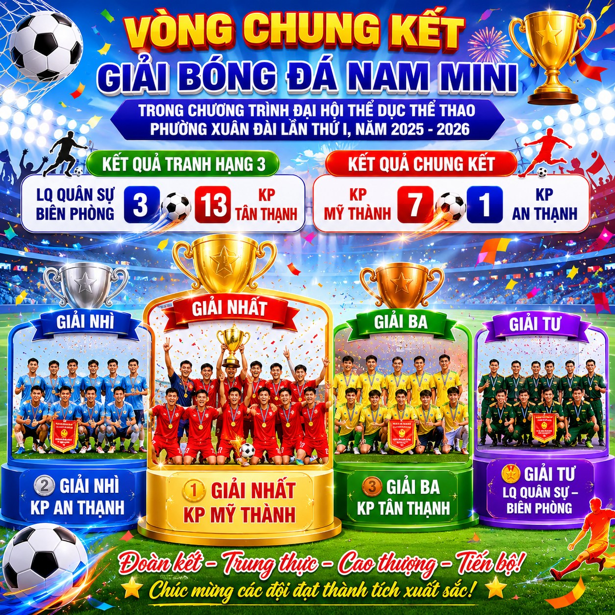 Chúc mừng nhà tân vô địch giải bóng đá nam mini Đại hội Thể dục thể thao phường Xuân Đài lần thứ I, năm 2025-2026